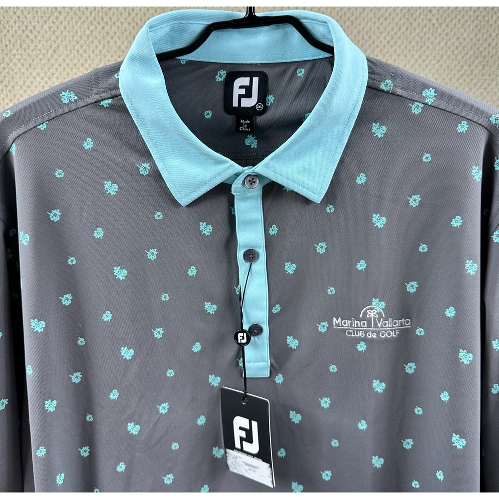 FootJoy Polo Mens 2XL Gray Aqua Floral Print Marina Vallarta Club de Golf NEW